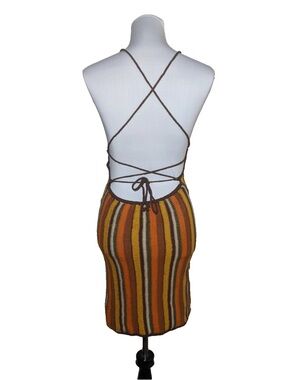 Boho Hippie Crochet Backless Dress Orange Brown Medium Festival Strappy Beach